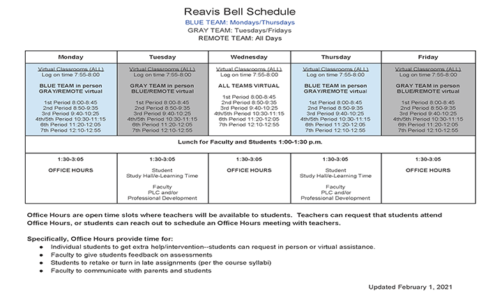 Bell Schedule starting February 1, 2021