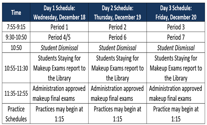 1st Semester Final Exam Schedule